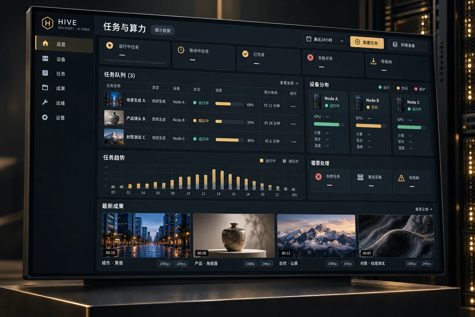 私有化 GPU 与 AI 任务平台 · 产品界面重绘，展示数据